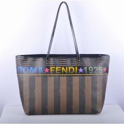 Imitation Fendi Roma 1925 Limited Edition Narrow Leather Strap Ladies Coffee Striped Waterproof Fabric Tote Bag 