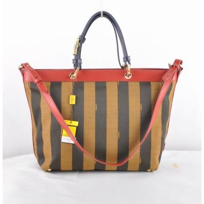 Fendi Red-Blue Calf  Leather & Coffee Waterproof Striped Fabric Large Tote Bag Top Handle With Brass Buckle 