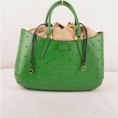 Fendi High End Green Ferrari Leather Large Slim Handle Ladies Perforated Bag Yellow Gold Buckle Linen