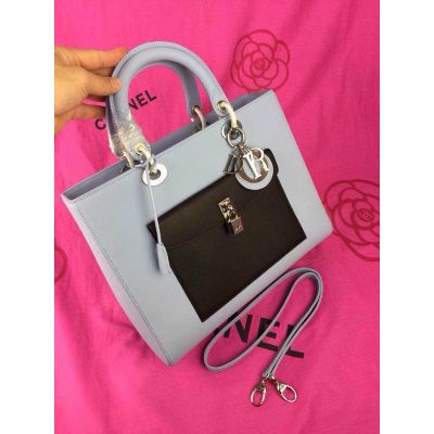 Chpeast Dior Lady Light Grey Default Leather Totes Black Front Pocket With Lock Silver Hardware