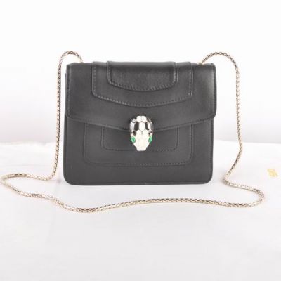 2017 Best Sale Bvlgari Serpenti Slim Silver Chain Shoulder Strap Calfskin Leather Women's Black Shoulder Bag