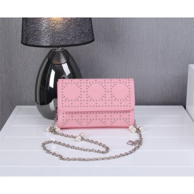 Luxury Studded Silver Chain Strap Ladies Jewellery Flap Dior Shoulder Bag Pink Leather 