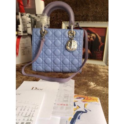 Classic Dior "Lady Dior" Bi-color Cannage Quilted Leather Tote Bag Silver Hardware Baby Blue 