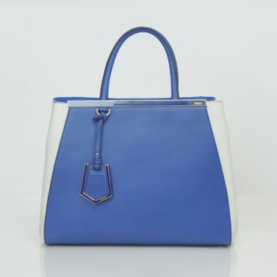 Winter Fendi 2Jours Bi-color Original Leather Top Handle Handbag Blue-White Leather Trimming For Girls 