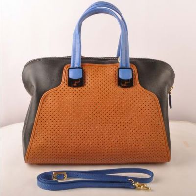 Women's Fendi Blue Handle Earth Yellow & Black Leather Perforated Double Pull Zipper Tote Bag Replica 