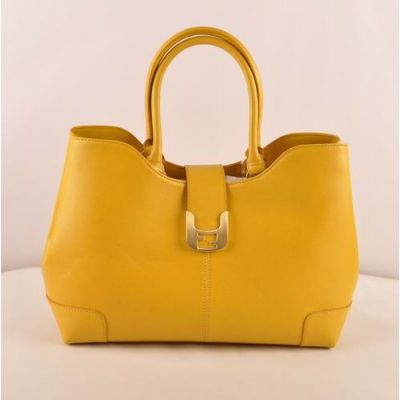 Latest Fendi Yellow Cross Veins Ladies Chameleon Leather Tote Bag Curved Top Slim Top Handle HK
