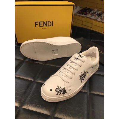 New Arrival Fendi White Calfskin Leather Bee Pattern Ladies Lace-up Sneakers For Spring/Fall
