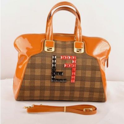 Fendi Logo Studs Earth Yellow Patent Leather With Brown Tartan Fabric Double Pull Zipper Chameleon Totes 