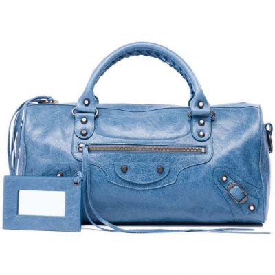 Latest Balenciaga Twiggy Light Blue Leather Top Handle Womens Long Totes Aged Studs For Sale 