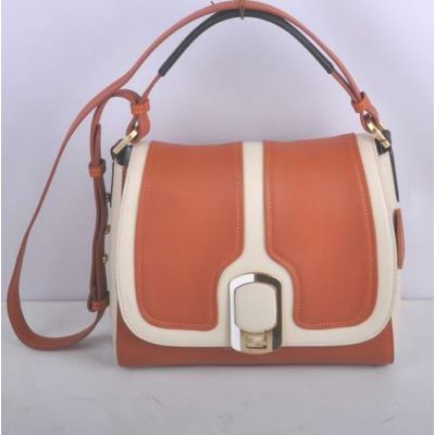 Fendi Orange-Beige Original Leather Ladies Chameleon Flap Messenger Bag Two-Tone Enamel & Golden Snap Button 