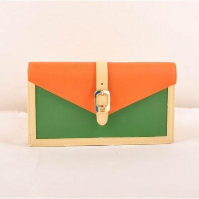 Women's Thin Section Fendi Many Card Slots Green-Orange Original Leather Long Flap Wallet Beige Edge 