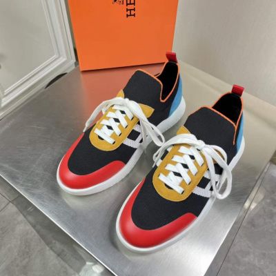 Hermes Best Classic H Pattern High End Cow Leather & Tennis Colorblock Male Patchwork Lace-up Sneakers Replica  