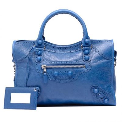 Balenciaga Giant City Ladies Bleu Cobalt Leather Clone Brogues Shoulder Bag Blue Studs Silver Hardware 