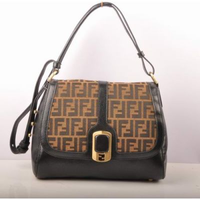 Fendi Chameleon F Pattern Fabric With Lichee Leather Ladies Flap Messenger Bag Brass Snap Button Brown-Black 
