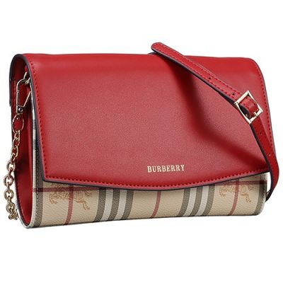 Burberry Dark Red Leather House Check Crossbody Bay With Chain For Women 