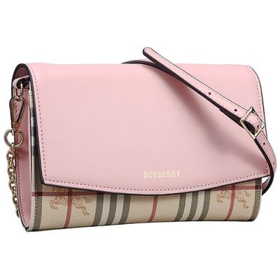 Fashion Burberry House Check Ladies Pink Leather Crossbody Bag Chain Strap 