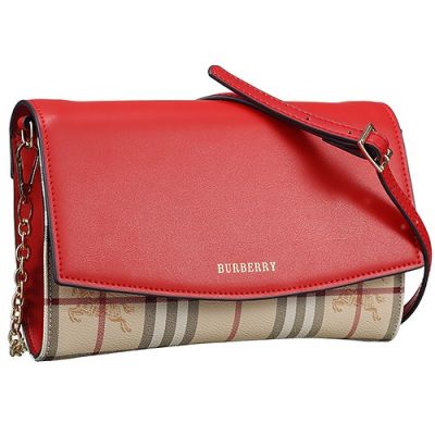 Burberry House Check Red Leather Female Flap Bag Wallet With Chain