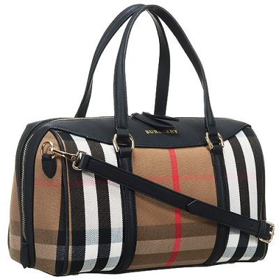 Burberry Haymarket House Check Black Leather Bowling Bag Tote 