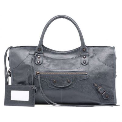 Classic Balenciaga Anthracite Leather Part Time Womens Brass Zipper Curved Top Fake Tote Bag 