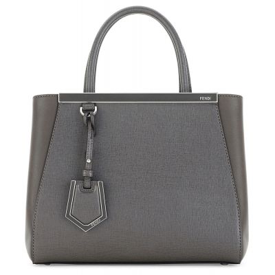 Chic Fendi Dark Grey Cross Veins Saffiano Leather 2Jours Womens Petite Trapeze Handbag Two Compartments 