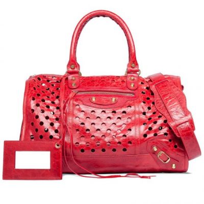 Balenciaga Maxi Twiggy M Polka Red Leather Perforated Yellow Brass Studs Shoulder Bag For Girls 
