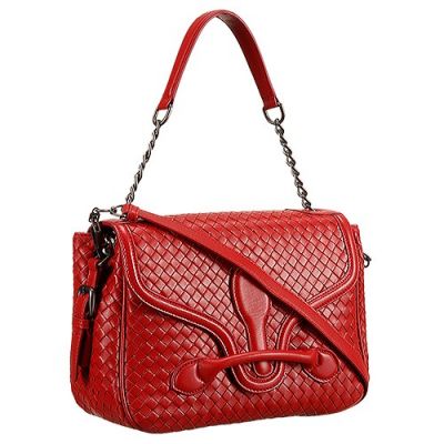 Women's Red Leather Bottega Veneta Rialto Clone Shoulder Bag With Chain 