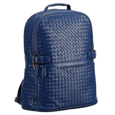 Bottega Veneta Blue Leather Intrecciato Unisex Clone Backpack Matte Gunmetal Hardware 