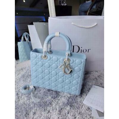 Good Price Dior Silver Hardware Lady Dior Square Cannage Quilted Lambskin Tote Bag Baby Blue 