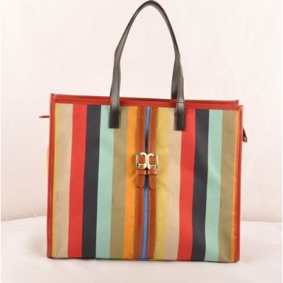 Fendi Brass Buckle & Earth Yellow Leather Trimming Ladies Multicolor Fabric Striped Totes For Shopping Replica 