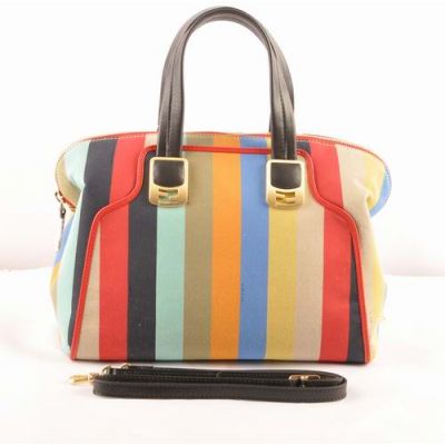Fendi Chameleon Red-Black Leather & Multicolor Striped Fabric Flat Top Handle Zipper Shoulder Bag Two Compartments