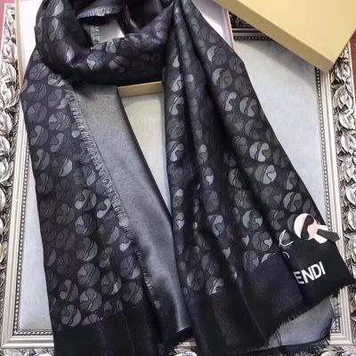 Fendi Karlito Black Silk & Wool Scarves Jacquard Filling Warm Lambskin Karl Lagerfeld Applique Unisex Celebrity    