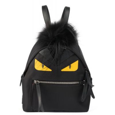 High End Fendi Leather & Fur Trimming Bugs Eyes Black Nylon Double Pull Zipper Womens Backpack 