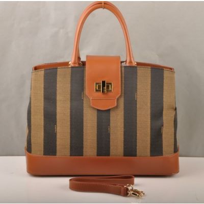 Fendi Rounded Top Handle Yellow Gold Turn-lock Ladies Orange Calfskin Leather Striped Fabric Flap Totes 