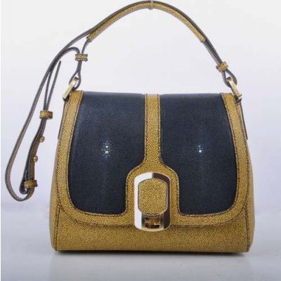 Fendi Chameleon Black Pearl Fish Skin Leather & Yellow Caviar Leather Flap Shoulder Bag Silver Double F Buckle 