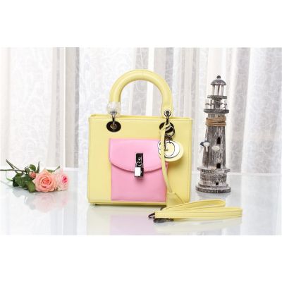 Dior Fashion Lady Dior Yellow & Pink Candy Color Original Leather Clone Handbag Silver Hardware 