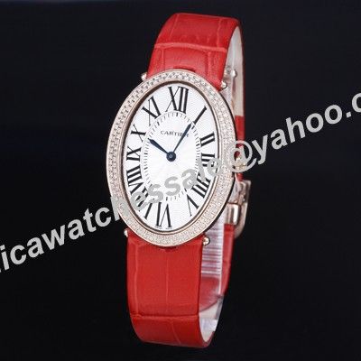 Cartier Baignoire Full Diamonds Pink Gold Bezel Red Leather Band Ladies Quartz Watch Cheap Price 