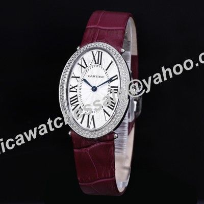 Cartier Baignoire Plum Strap Paved Diamonds Oval Bezel Roman Numerals White Dial Watch