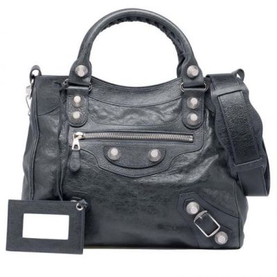 High Quality Balenciaga Anthracite Leather Silver Studs Wide Shoulder Strap Womens Giant 21 Velo Handbag 