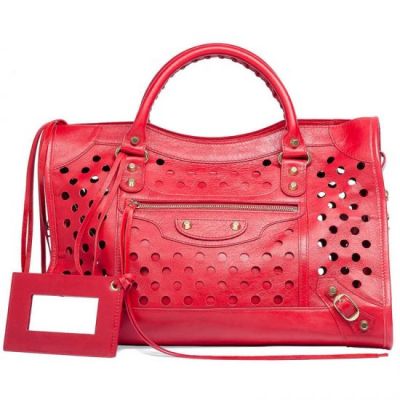 2017 Hot Selling Balenciaga Classic City Polka Dots Red Leather Shoulder Bag Yellow Brass Studs 