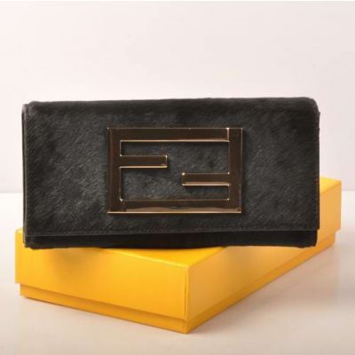 Romantic Fendi Double F Golden Snap Button Black Horsehair Leather Female Long Flap Fake Wallet 