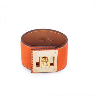 Economy Fake Vogue Hermes Kelly Dog Bracelet Rose Gold Buckle Orange Leather