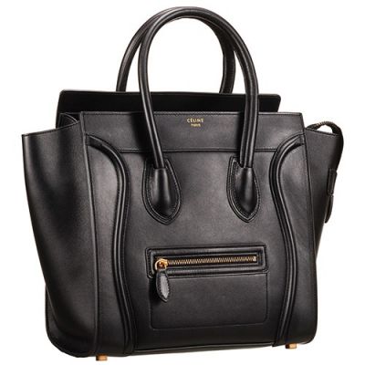 Celine Large Ladies Luggage Black Leather Tote Bag Gold Zipper Pocket 