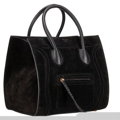 Women's Celine Luggage Phantom Black Nubuck Tote Smooth Leather Handle & Trimming