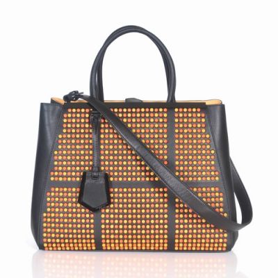 Top Sale Fendi 2Jours Black Ferrari Leather Top Handle Ladies Tote Bag Orange-yellow Studs For Girls 