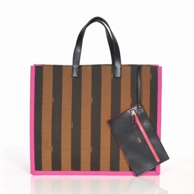 Top Sale Coffee-Peach Fendi Striped Waterproof Fabric Shopper Bag Black Leather Flat Handle Large 