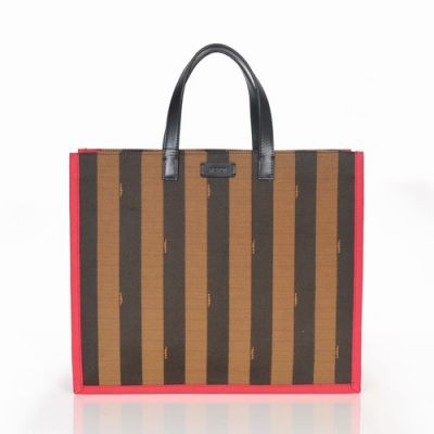 AAA Quality Fendi Coffee-Red Waterproof Striped Womens Fabric Tote Bag Zipper Coin Purse