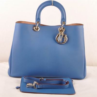 Dior "Diorissimo" Blue Leather Golden D.I.O.R Charm Womens Large Volume Tote Bag With Small Bag 