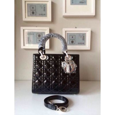 Dior "Lady Dior" CAL44501 N0 Patent Leather Black Cannage Mini Crossbody Bag Top Handle Silver Hardware 
