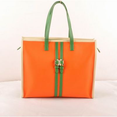 Fendi Orange Leather & Green Leather Narrow Strap Womens Zipper Shopping Totes 2-Tone Buckle 