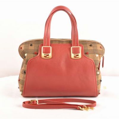 Women's Fendi Chameleon Red Leather & Brown Damier Fabric TOP Handle Double Pull Zipper Studded Handbag Replica 